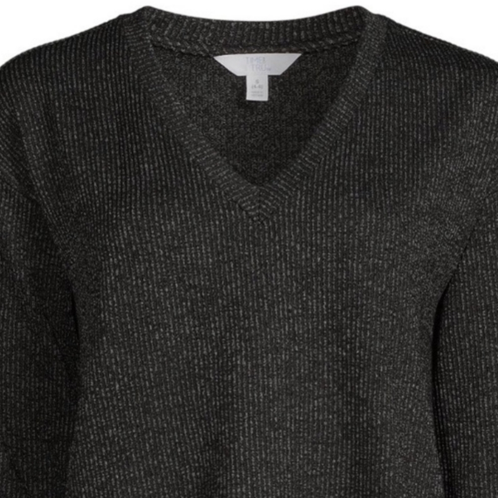 Time & Tru Grey & Black Ribbed Long Sleeve Pullover V-Neck Knit Top Sz L - Picture 4 of 16